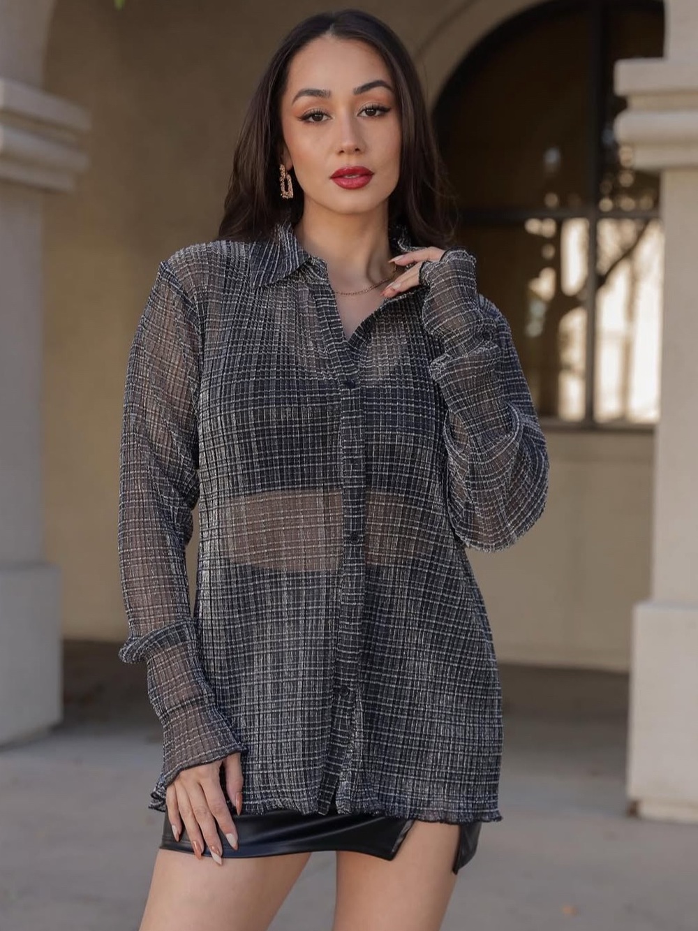 emory park Sheer Plaid Button-Down Shirt in Black and White